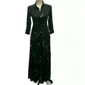 ZARA Black Maxi Button Up Dress Cherry Blossom 3/4 Sleeve & Pockets Size Small